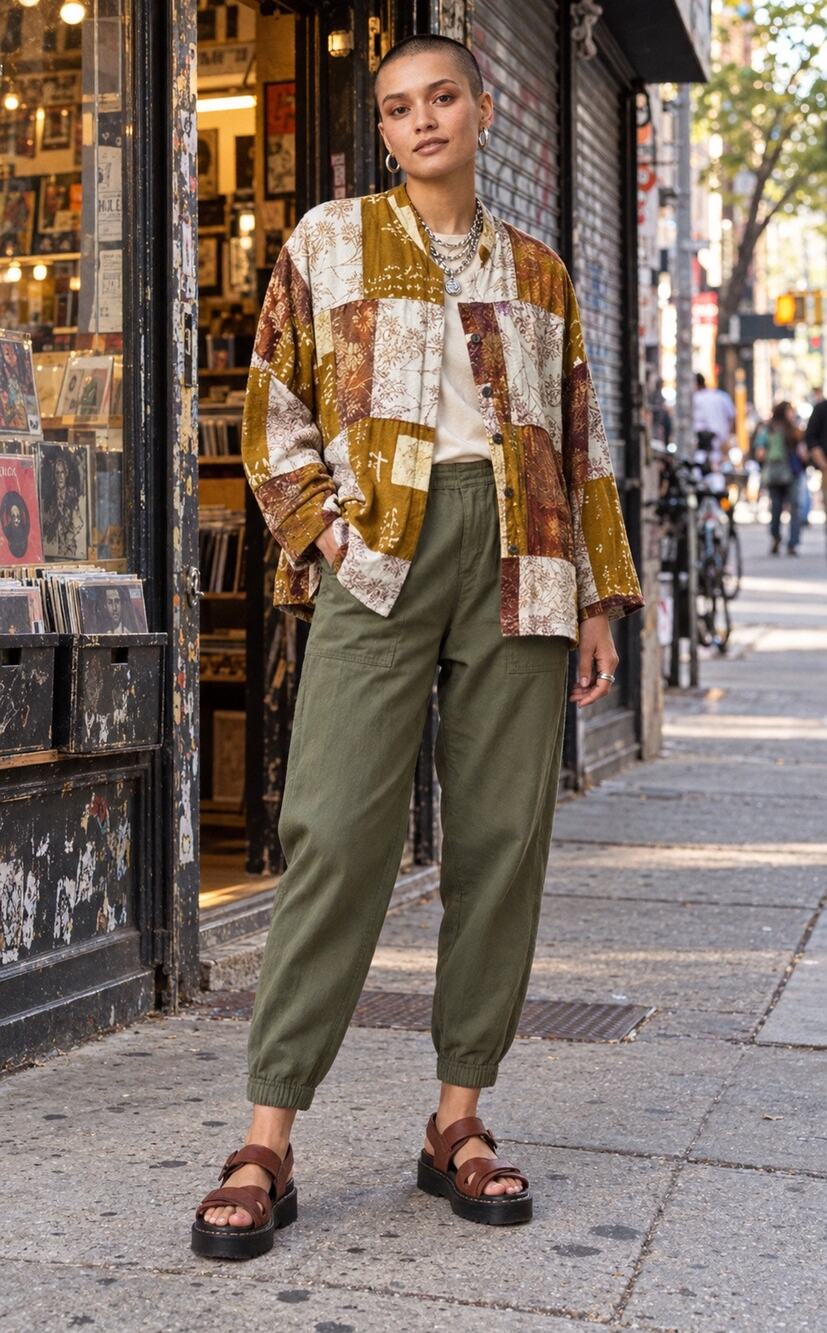 Iguana Patchwork Kimono Jacket Botanical Mustard Brown Artsy Boho One Size